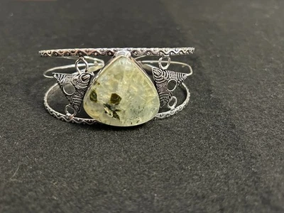Moss Prehnite 925 Silver Plated Natural Gemstone Adjustable Bangle Bracelet - Image 1 of 4