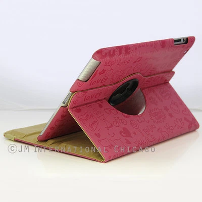 Hot Pink 360 Rotating Embossed Cartoon Leather Case Smart Cover iPad 4 4G 2 3  - Image 1 of 4