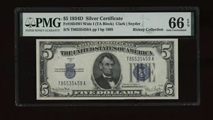 DBR 1934-D $5 Silver Fr. 1654Wi Wide I Gem TA Block PMG 66 EPQ Serial T86535459A - Picture 1 of 2