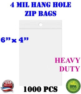 1000 - 6" x 4" Zip Seal Reclosable 4Mil Top Lock Bags Hang Hole Heavy Duty - Picture 1 of 5