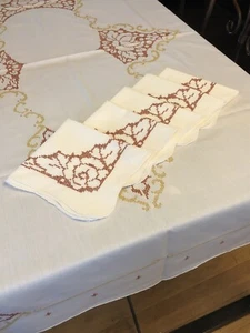 Cream Coloured Tablecloth Napkin Set Hand Embroidered Fall Autumn Colours Gold - Picture 1 of 7