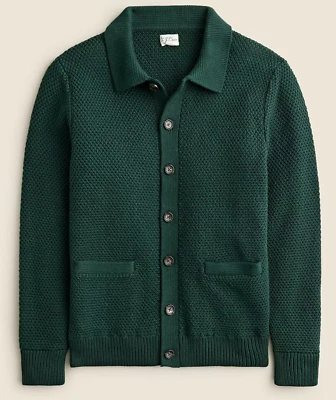 J Crew Cardigan Sweater Mens Green Polo Collar Warm Christmas Moss Stitch - Image 1 of 2