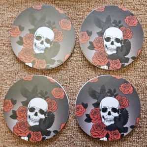 Skull And Roses Round Cork Back Ceramic Coasters Set Of 4 - Picture 1 of 4