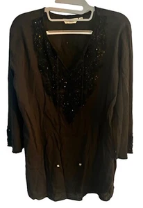 Sulu Gopi Vaid Beaded Tunic •Women 10• Long Sleeve Gauze Top Black Embroidered - Picture 1 of 11