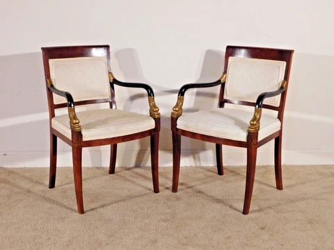 Pair CENTURY Furniture Ebonized Gilt Solid Cherry Beidermeier DOLPHIN Armchairs Cover