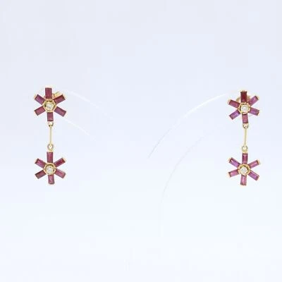 Elegant 1.26 TCW Natural Ruby & Diamond Floral Drop Earring in 18K Yellow Gold - Image 1 of 4
