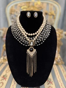 Vintage Japan Black Cameo Jewelry Set - Picture 1 of 7