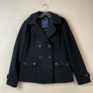 American Eagle Wool Pea Coat Women L Navy Blue Double Breasted Hood Plaid Lining - Picture 1 of 14