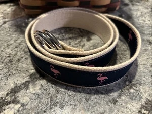 J. Crew Belt Fabric Blue/Pink Flamingo Double D Ring Sz S/M  - Picture 1 of 5