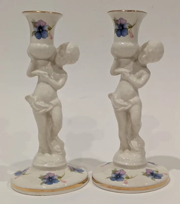 2 castiçais de cerâmica querubim Maryleigh, porcelana artesanal Inglaterra 8" de altura - Imagem 1 de 4