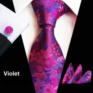 Juego de pañuelos y gemelos cuadrados de bolsillo con corbata de seda floral violeta - Imagen 1 de 1