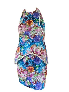 Mika & Gala Peplum Dress Womens Size 6 Blue Floral Zipper Lined Cotton - Picture 1 of 8