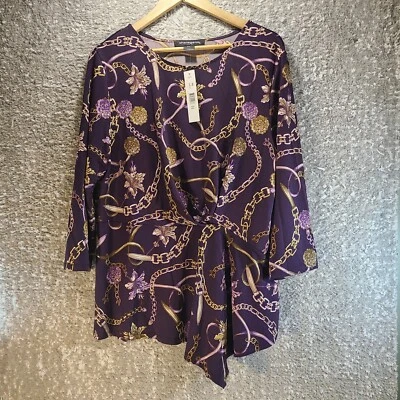 Blusa Top Sharagano Manga 3/4 Estampado Cadena Mezcla Poliéster Preppy Clásica Nueva con Etiquetas Foto 1 de 4