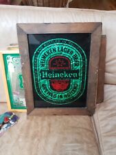 VTG 1970s Heineken Beer Advertising Wood Framed Glass Mirror Style Sign Holland