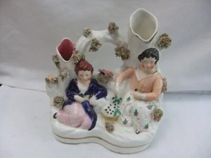 Antique Victorian Staffordshire Flatback Figure Ladies in Garden Spill Vase 18cm - Picture 1 of 6