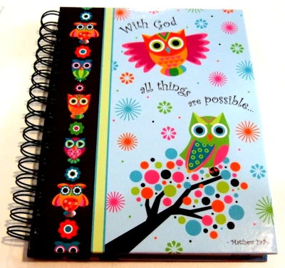 Blue Spiral Hardcover Owl Theme Matthew 19:26 Journal by Divinity - NEW (#64) - Image 1 of 4