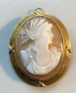 Vintage, Antique Yellow Gold VICTORIAN Carved Shell Cameo Brooch, Pendant - Picture 1 of 3