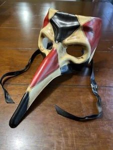 Vintage Venetian Long Nose Red & Black Checkered Casanova Plague Carnival Mask - Picture 1 of 10