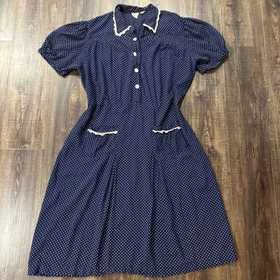 Vintage 50’s Dress Women’s Large Navy Blue Polka Dot Retro  Pinup Rockabilly - Image 1 of 4