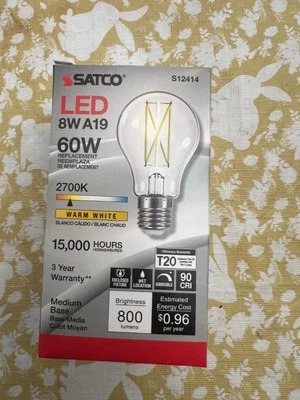 Satco S12414 Single 8 Watt Medium Base A19 LED Clear Bulbs - 2700K, 5 PACK - Image 1 of 4