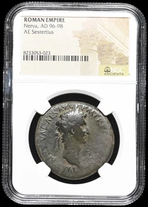 Nerva. AD 96-98. Æ Sestercio, pastoreo de mulas, reforma fiscal postal, certificado NGC - Imagen 1 de 3