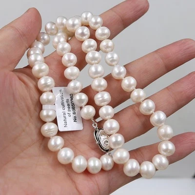 18" 9-10 MM SOUTH SEA NATURAL BREAD WHITE PEARL NECKLACE 925 CLASP - Image 1 of 4