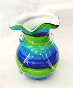 Cobalt Blue Aqua and Green Swirled Murano Style Art Glass Vase Bow Heavy - Bild 1 von 5