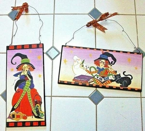 Set of 2 Whimsical WOODEN SIGNS Halloween Witches Hanging Wall Decor 15" X 7" EC - Picture 1 of 10