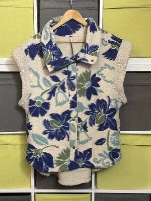 Free People Fleece Jacket Womens Size L Sleeveless Blue Floral Print Poppers - Image 1 of 4