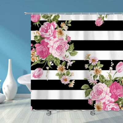 Shower Curtain for Bathroom Pink Flower Black and White Striped Background 72 In - Image 1 of 4