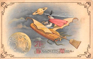 c.1913 Schmucker Witch Flying in a Corn Cob Airplane Halloween post card Winsch - Picture 1 of 2