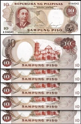 Philippines 10 Piso 1969, UNC, 5 Pcs LOT, Consecutive,P-144a, Sign 7, Prefix A 0 - Image 1 of 4