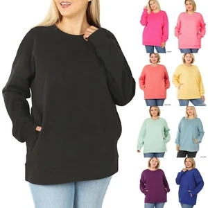 1X 2X 3X Women's Round Neck Sweatshirt Loose Fit Warm Long Sleeve Top Pocket - Picture 1 of 44