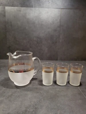 Juego de vasos y jarras esmeriladas vintage Art Deco de los años 40 a rayas doradas Foto 1 de 4