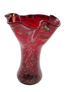 Glass Eye Studio Art Glass Vase Iridescent Red Ruffle Trim 7" tall - Picture 1 of 4