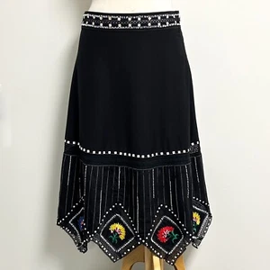 Basil Maude Black Beaded Embroidered Floral Lace Trim Midi Skirt 8 Belted - Picture 1 of 12