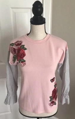 SPEECHLESS Girl's Pink Embroidered Top ~ Striped Bell Sleeves ~ Size Large NWT - Image 1 of 4