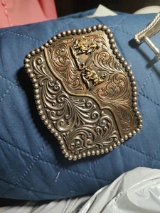 New Montana Silversmiths Horses/ Rider Calf,Lasso Rodeo 2 Tone Belt Buckle  - Picture 1 of 7