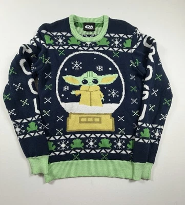 Star Wars Christmas Sweater Mens Medium Mandalorian Grogu Blue Green Long Sleeve - Image 1 of 4