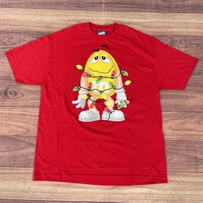 Camisa masculina vintage M & M’s amarela luzes de árvore de Natal vermelha tamanho XL Natal Y2K - Imagem 1 de 4