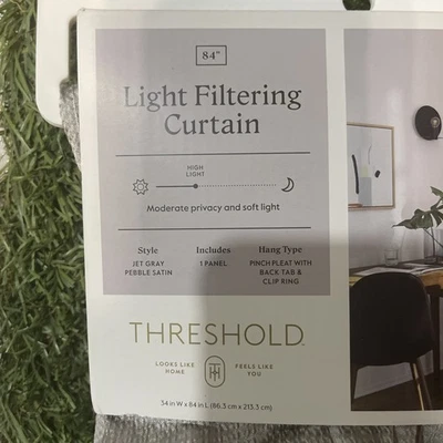 THRESHOLD JET GRAY PEBBLE SATIN  Light Filtering  Curtain Panel 34 x 84 new  - Image 1 of 3