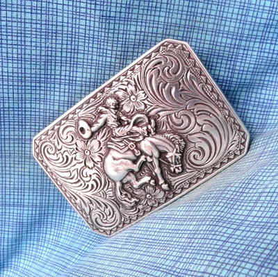 Cowboys Bronc Rider Belt Buckle Western Floral Scroll Vtg 80s Nocona     .GMP380 - Image 1 of 4