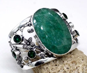 925 Sterling Silver Green Ruby Gemstone Jewelry Cuff Bracelet Size-ADJ - Picture 1 of 6