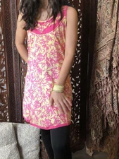 Boho Hippy Gypsy Tunic Dress Pink Floral Print Sleeveless Handmade CottonKurti S