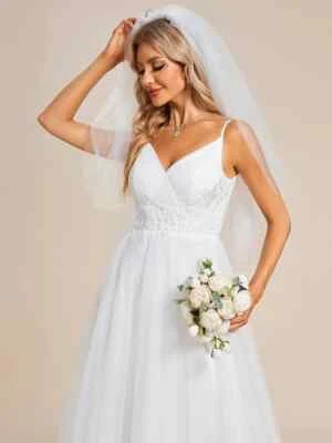 Vestido de novia de tul con apliques de flores y correa de espagueti elegante, blanco, Foto 1 de 4