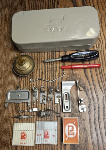Antique Vintage PFAFF Sewing Machine Feet Parts Box Thumb Push Oil Can + Other Cover