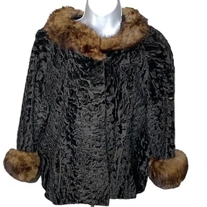 Vintage Black Persian Curly Lamb Brown Mink Trim Fur Jacket Small Short 50s - Picture 1 of 12