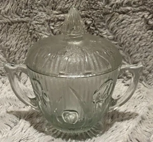 Best Deal! Jeanette "Iris" Herringbone Glass Sugar Bowl w/ Lid Vintage 5.5" - Picture 1 of 14