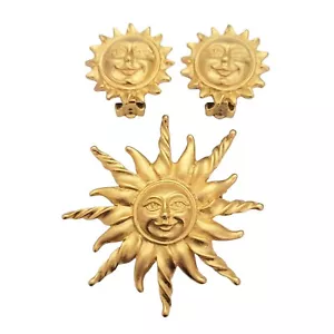 Anne Klein matt goldfarben Sonnengesicht Brosche passende Ohrringe Set E182 - Bild 1 von 9