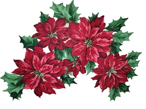 Large Iron On Cloth Patch Christmas Poinsettias Green and Red New 14" x 11 1/2" - Picture 1 of 11